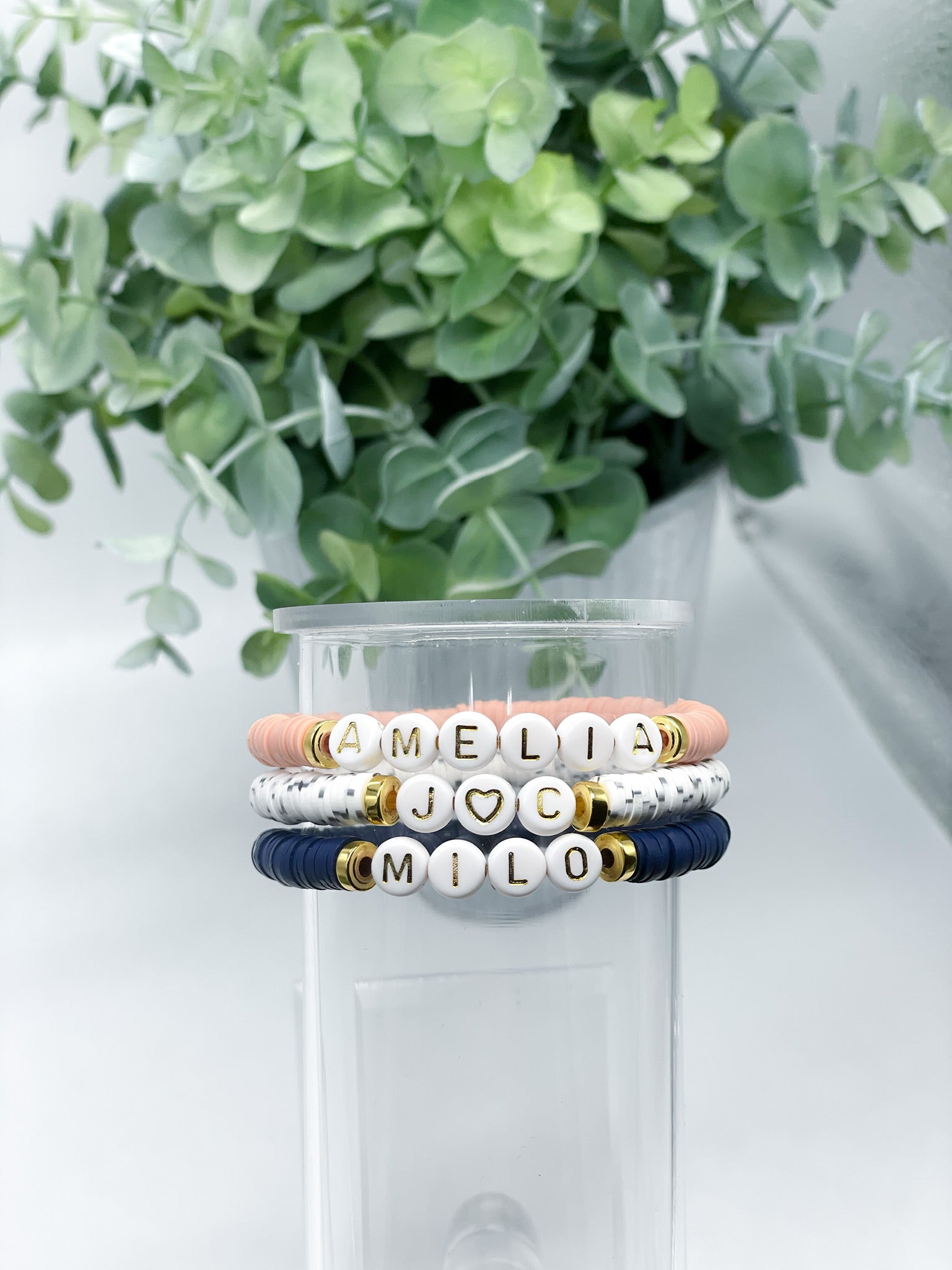 Custom Name Heishi Bead Bracelets with Thick Accents