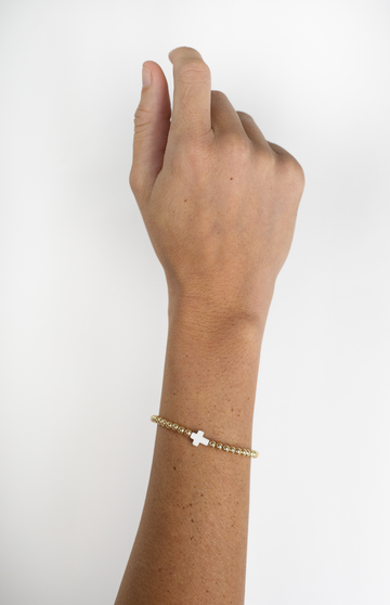 Gold Filled Bead Bracelet with White Cross